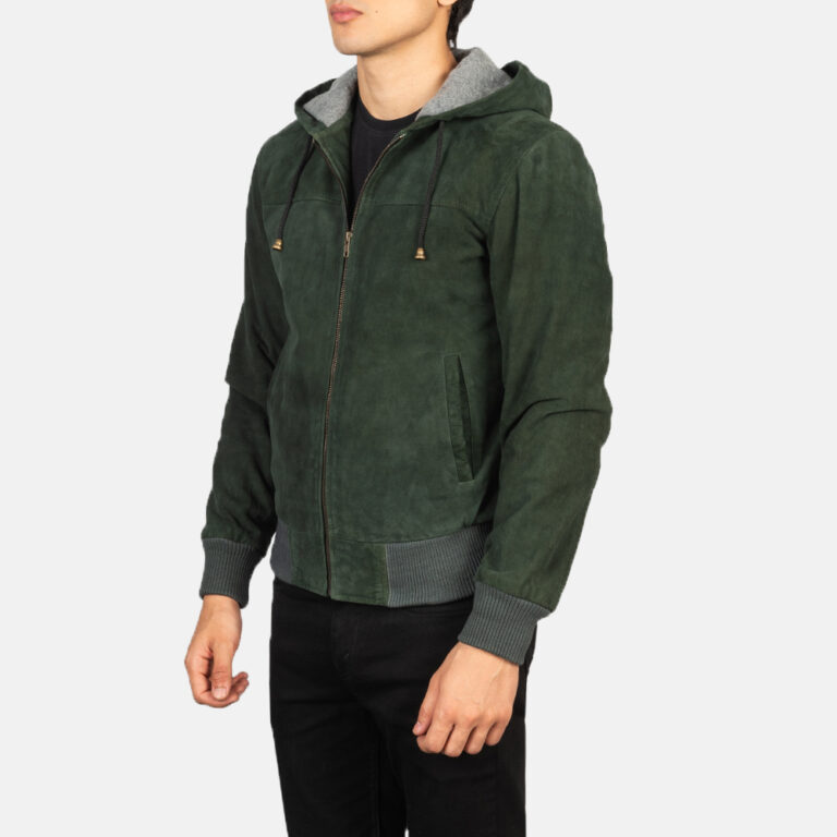 Mens Nintenzo Green Hooded Suede Jacket Side Pose-3-1634135063654